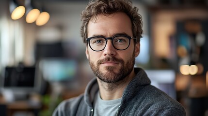 Fototapeta premium Smiling Man Wearing Glasses in a Blue Shirt