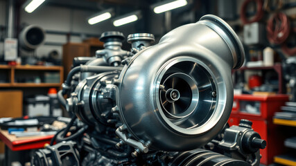 Fototapeta premium detailed turbocharger in workshop setting, showcasing engineering precision turbocharger installation concept