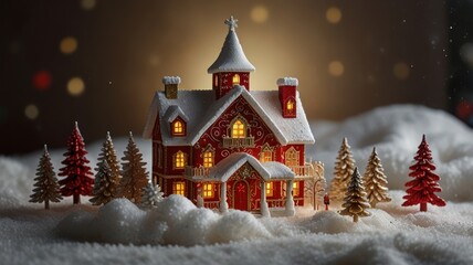 A miniature red Christmas house with lit windows surrounded by snowy trees and a soft glow in the background.