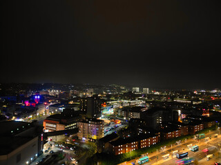 High Angle View of Illuminated Luton City and Downtown Homes During Dark Night. High Angle Footage...
