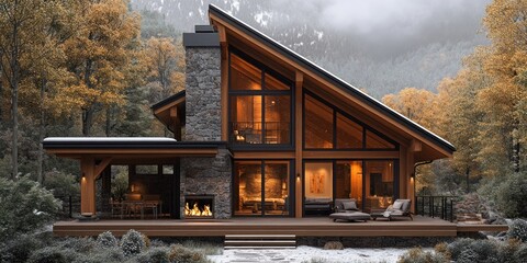 Fototapeta premium A modern cabin with a large stone fireplace, large windows, and a wooden deck, set against a snowy backdrop of fall foliage.