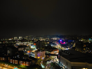 High Angle View of Illuminated Luton City and Downtown Homes During Dark Night. High Angle Footage...