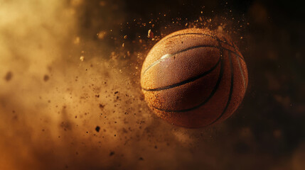 Close up basketball bouncing on court with dust particles flying