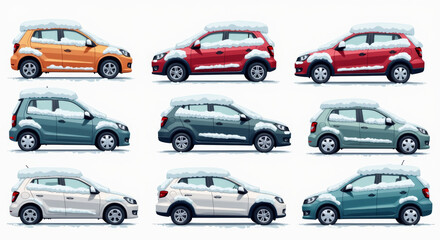 Fototapeta premium Snow-Covered Cars Illustration Collection with Variety of Colors for Winter Themes