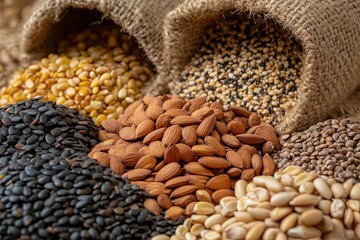 Naklejka premium Various Types of Nuts and Seeds Displayed in Burlap Bags on a Wooden Surface in a Well-Lit Setting
