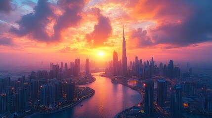Fototapeta premium A vibrant sunset casts warm hues over a modern city skyline, with a tall tower reaching towards the sky.