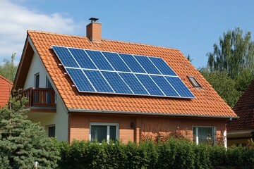 Solar Panels on a Residential Roof in a Suburban Area Under a Clear Blue Sky During Daytime