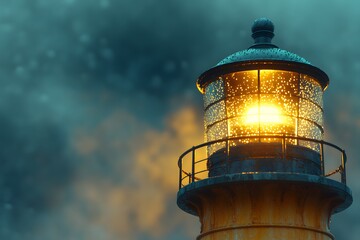 A lighthouse emits a warm glow amidst a moody, cloudy backdrop, guiding ships safely.