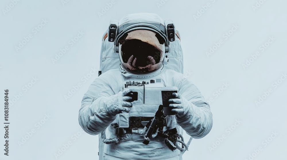 Poster an astronaut in a spacesuit holds a camera, set against a light background.