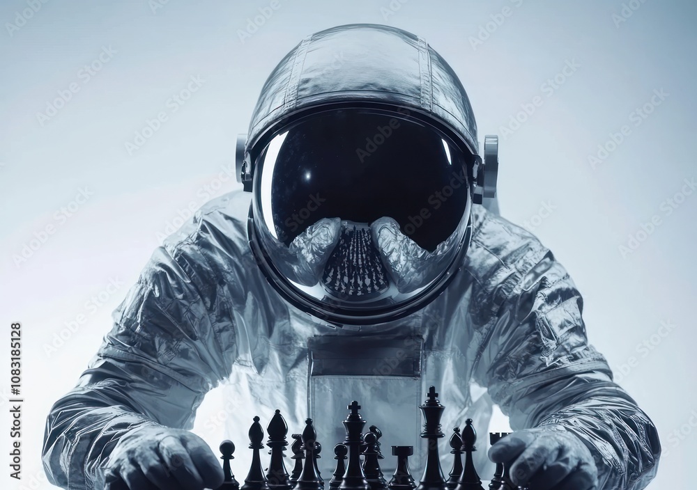 Poster An astronaut in a spacesuit contemplates a chessboard in a minimalist setting.