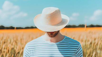 Sun-kissed Serenity: A man in a white hat, shielding his eyes from the sun, stands in a field of golden wheat, a contemplative gaze and a sense of tranquility captured in this photo.