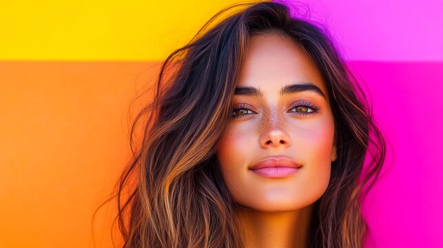 Young woman with long brown hair against a colorful background.