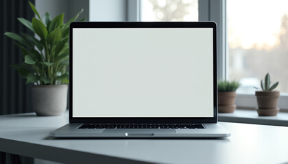 Fototapeta premium Laptop with Blank Screen: Bright Home Office Setup