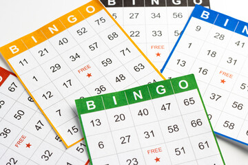 colorful or multicolored bingo cards, on white background