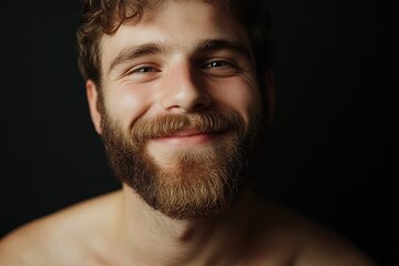 Fototapeta premium Happy Young Man With Beard Smiles Warmly Against a Dark Background in a Close-Up Portrait Capturing Joy and Confidence