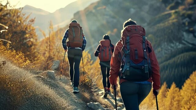 Defocused hikers trekking up a mountain trail in an outdoor adventure sport.