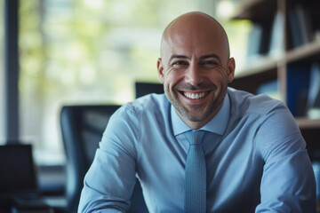 Obraz premium Portrait of smiling businessman with bald head wearing blue shirt and tie in office