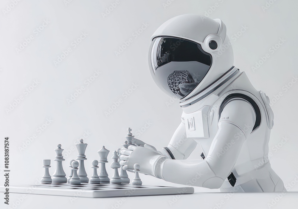 Poster a futuristic robot in an astronaut suit playing chess on a minimalist board.