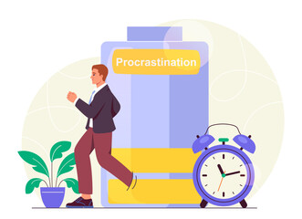 Man avoiding procrastination. Young guy runs from alarm clock and battery with low energy. Motivation and leadership. Hardworking employee. Flat vector illustration