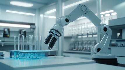 A photograph of state of the art biotech laboratory equipment, ultra modern robot lab atmosphere