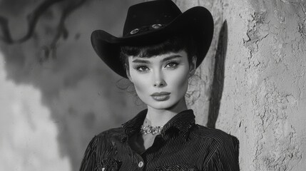 A close-up of a pioneer woman in dark clothing, possibly a cowboy, from the 19th century.