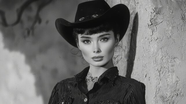 A close-up of a pioneer woman in dark clothing, possibly a cowboy, from the 19th century.