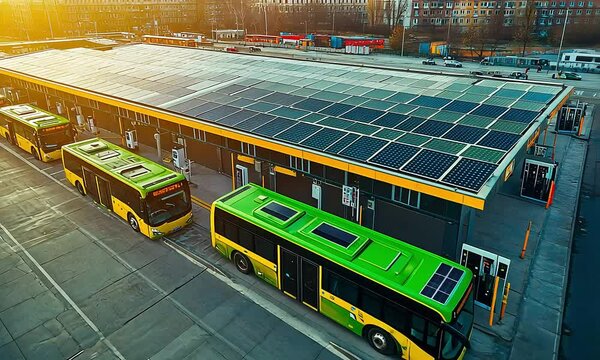 Solar-Powered Bus Terminal with Electric Buses with ai generated.
