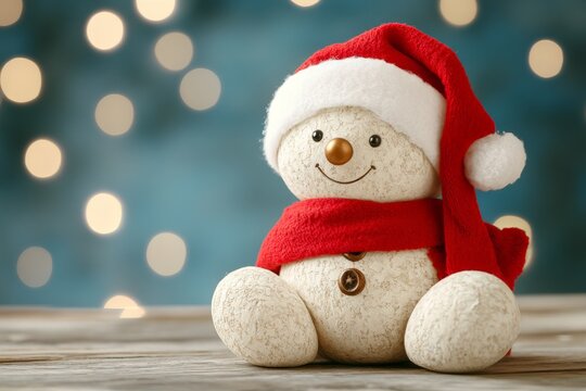 Smiling snowman plush toy wearing a red Santa hat sitting on a wooden surface glowing softly against a blurred holiday light background