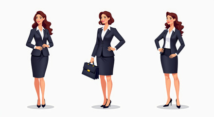 Fototapeta premium Professional Businesswoman Illustration Set in Formal Attire, Featuring Confident Poses and Business Briefcase for Corporate Use