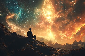 A silhouette sits on a rocky landscape, gazing at a vibrant cosmic sky filled with stars.