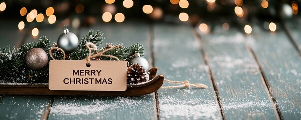 card with pine branches, pinecones, ornaments, and Merry Christmas tag on wooden background with bokeh lights