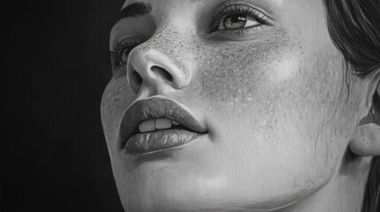 Close-up monochrome portrait of a young woman with freckles, looking upward.