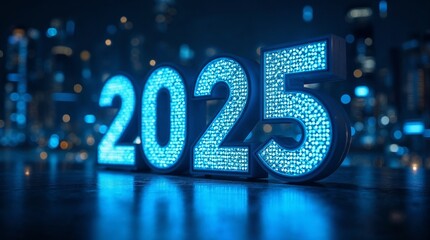 Blue glowing 2025 numbers in cityscape digital theme
