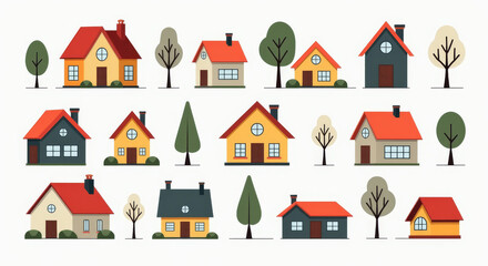 Charming Cottage-Style House Set Illustration with Minimalist Trees and Red Roofs