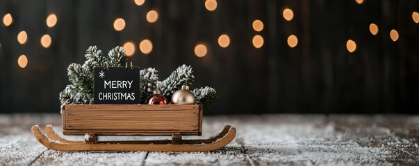 Fototapeta premium Wooden sled with Merry Christmas sign, festive decorations, and snow on wooden surface.