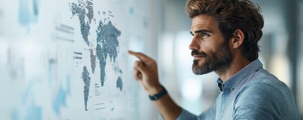 Man pointing at a world map on a large digital screen in an office environment. Global business