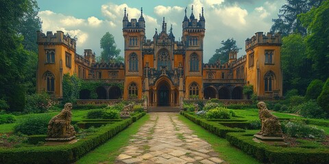 A grand, yellow castle with tall towers and intricate details, framed by lush green gardens, pathways, and statues.