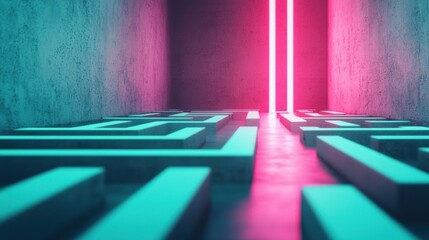 A digital illustration of a virtual maze with glowing walls and a pulsating light trail showing the way out, symbolizing technological challenges, problem solving in the digital age, and finding