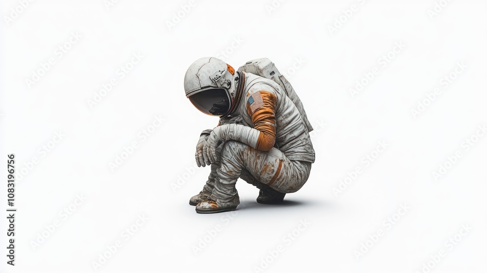 Aufkleber an astronaut in a crouched position, reflecting on an unknown environment.
