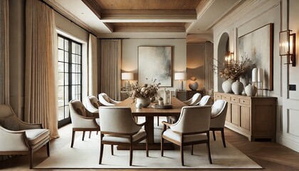 Fototapeta premium an image of a transitional style dining area that blends modern and traditional elements. Include upholstered chairs, a wooden table, and contemporary art. Generative AI
