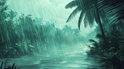 Naklejka premium Monsoon rains flooding a tropical landscape, intense and overwhelming minimalist realistic. Monsoon. Illustration