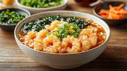 Luxury Ramen. A delicious bowl of shrimp soup garnished with greens, featuring a rich broth and vibrant colors, perfect for a comforting meal.