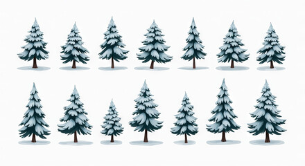 Obraz premium Illustrated Set of Snowy Pine Trees for Winter Themes and Holiday Design Projects