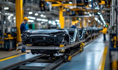 Fototapeta premium An automotive assembly line with car frames being processed by workers.