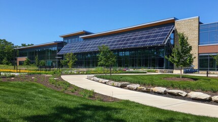 Fototapeta premium Modern Building with Solar Panels and Green Landscape