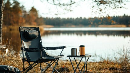Tranquil Lakeside Camping Scene with Chair and Thermos