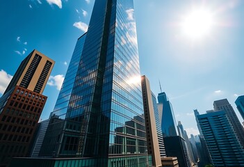 Fototapeta premium A majestic high-rise skyscraper stands amidst the vibrant cityscape, its modern glass façade reflecting a breathtakingly clear image of the sky and surrounding buildings.