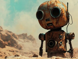 Rusty robot stands in a desert landscape.