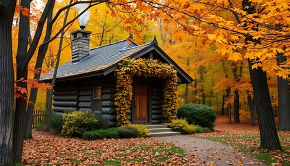 Autumnal retreat: a charming, rustic cottage nestled in a vibrant forest, surrounded by an arch of golden yellow and burnt orange leaves, as climbing vines in full fall colors adorn its wooden facade.