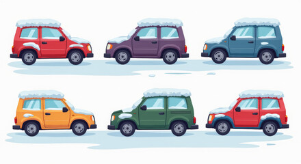 Fototapeta premium Colorful Snow-Covered Cars Illustration Set Featuring Red, Orange, Purple, Green, and Blue Vehicles. Perfect for winter travel concepts, car-related themes, and seasonal design projects.